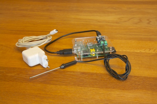 The Raspberry Pi in a RaspBox, with a Yocto-Thermocouple on the top