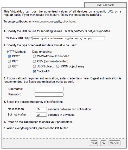 Fenêtre de configuration des callbacks HTTP