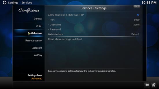 To use the JSON-RPC API, you must enable the  'Allow control of XBMC via HTTP' option