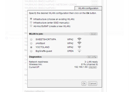 Configuration window for the Wifi parameters