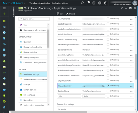The parameter MapApiQueryKey can be modified from the Azure portal