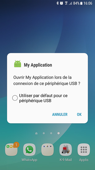 Lorsqu'un module Yoctopuce est branché, Android propose de démarrer automatiquement l'application