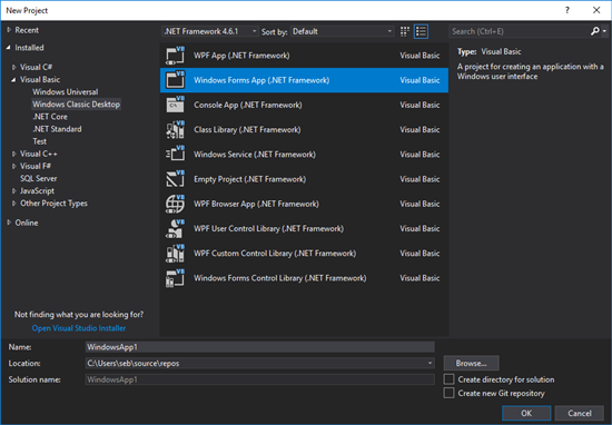 Créez un nouveau projet Visual Basic de type Windows Forms App