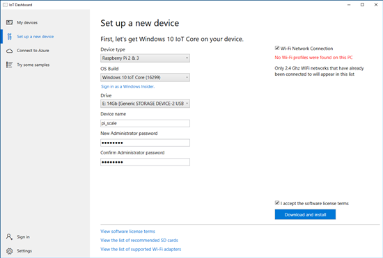 The 'Setup a new device' tab allows you to install Windows 10 IoT on a SD card