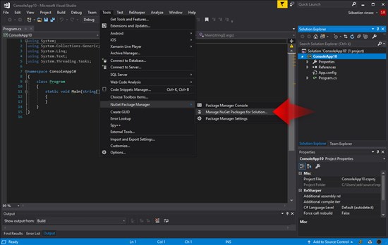 The NuGet tab is available through the menu in Visual Studio