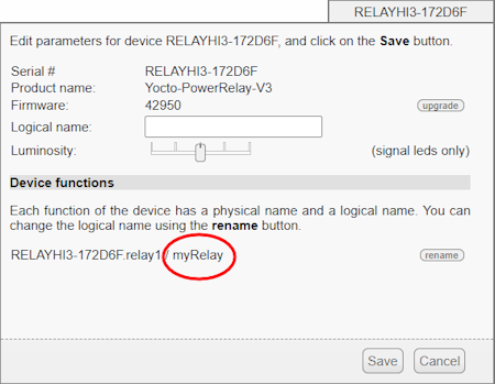 Assigning a logical name to the relay of the Yocto-PowerRelay