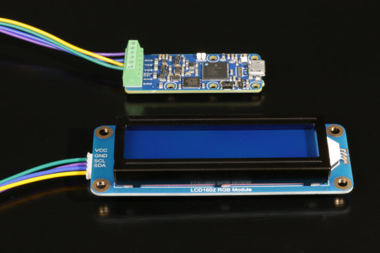 The WaveShare LCD1602-RGB display connected to a Yocto-I2C