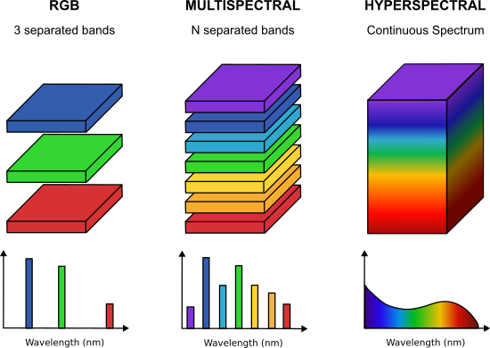 Differences between RGB, multispectral, and hyperspectral sensors