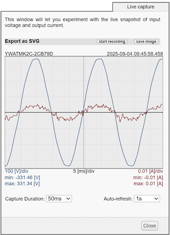 The Yocto-Watt-V2-C interface now has a 'start recording' button