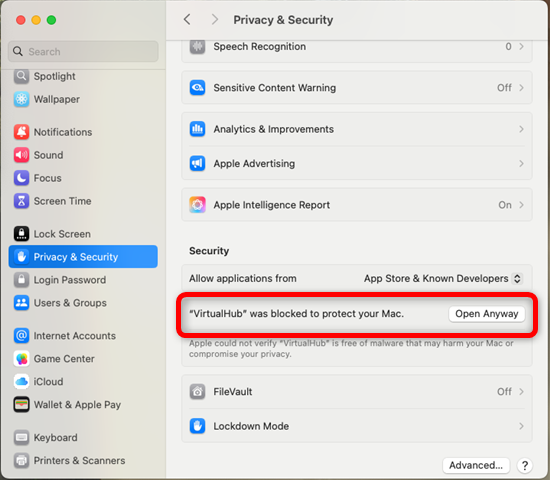 The Privacy & Security section enables you to accept  VirtualHub