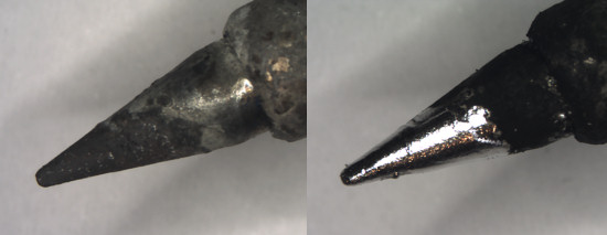 An oxidized tip, before and after dipping in the tip activator