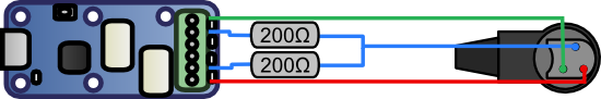 Connexion sur un Yocto-Relay. Notez les deux résistances de 200 Ohm ajoutées par sécurité.