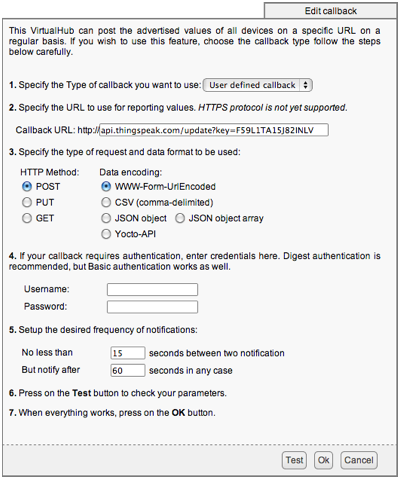 Exemple de paramètres de callback HTTP pour ThingSpeak