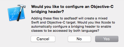 Selectionner Yes quand Xcode vous propose de créer le bridging header sinon vos fichiers seront compilés mais inutilisables dans votre fichier Swift.