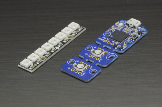 Les deux ingrédients clefs:  une barrette de LEDs NeoPixel et un Yocto-Color-V2