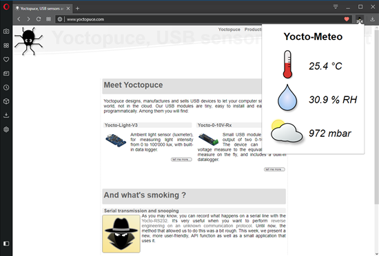 By clicking on the icon, we display the state of the Yocto-Meteo