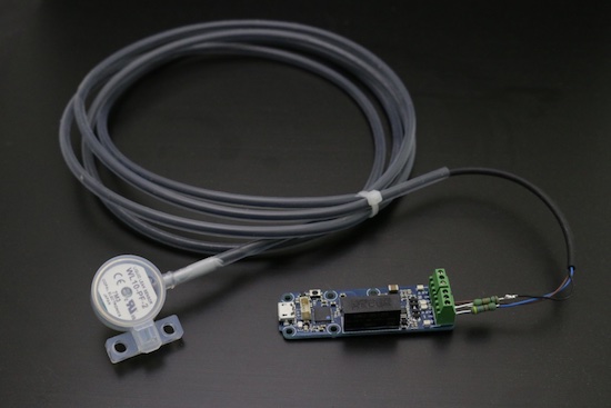 Our water leak sensor, connected to a Yocto-0-10V-Rx