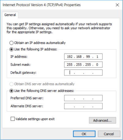 Configuring the static IP address 192.168.99.1 under Windows