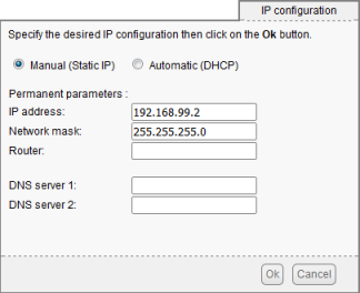 Configuring the static IP addess  192.168.99.2 on a YoctoHub. For a non routable network, leave the router field empty