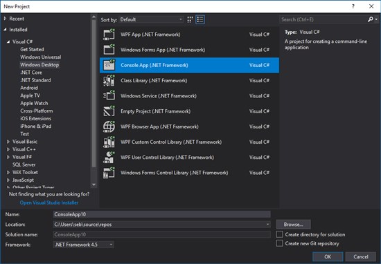 You must create a new project of type 'Console App (.NET Framework)' in Visual Studio