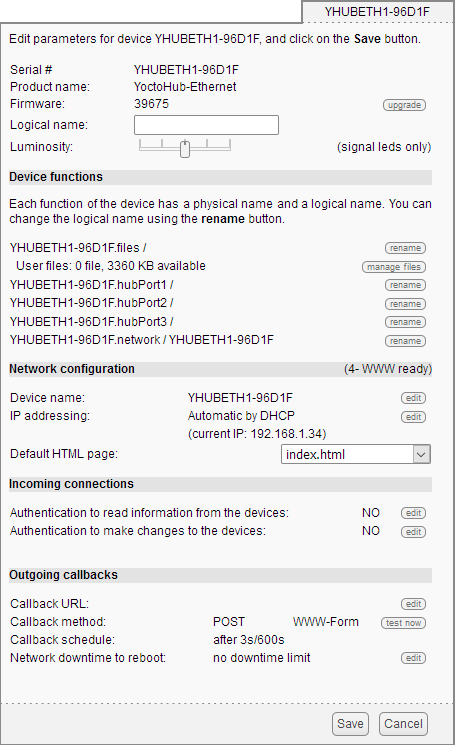 La fenêtre de configuration du YoctoHub-Ethernet