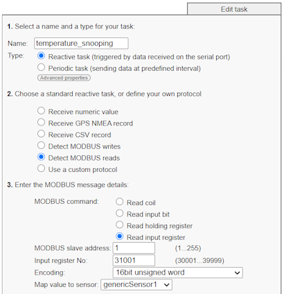 Defining a listening task for a MODBUS input register