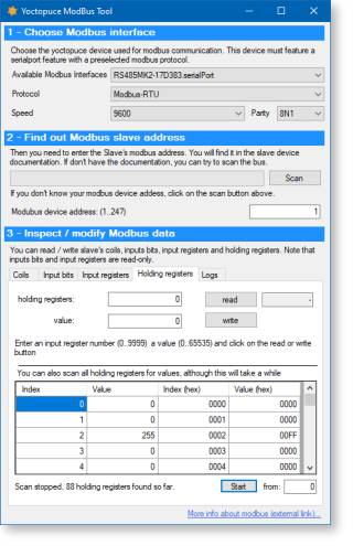 The interface of the Modbus-tool application