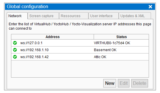 Tous les hubs de la configuration doivent être accessibles depuis le navigateur web qui fait tourner Yocto-Visualization (for web)