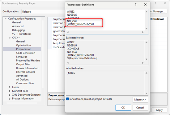 The NO_YSSL and _WIN32_WINNT=0x0501 definitions The NO_YSSL and _WIN32_WINNT=0x0501 definitions
